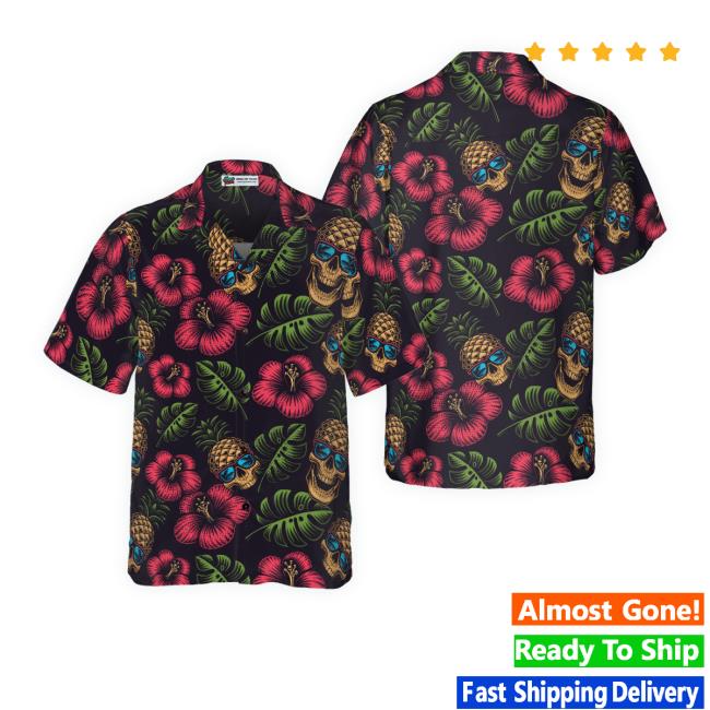 Pineapple Skull Tropical Flowers Black Hawaiian Hooded Sweatshirt