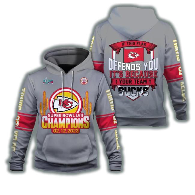 Travis Kelce If This Flag Offends You, Kansas City Chiefs Hoodie Super Bowl Champion 2023, Nfl Sweatshirt