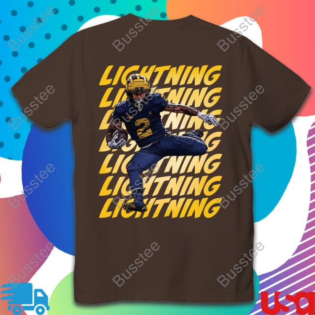 The Mden Merch Valiant University of Michigan Football Blake Corum Lightning Shirt The Mden Merch Valiant University of Michigan Football Blake Corum Lightning Tee Shirt