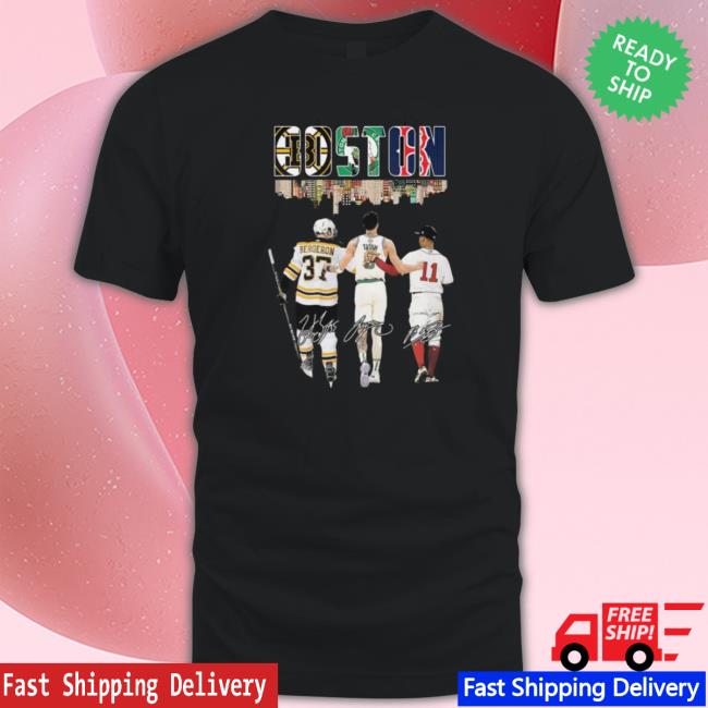 Boston Sports Team Skyline Patrice Bergeron Jayson Tatum And Rafael Devers Signatures Long Sleeve Shirt