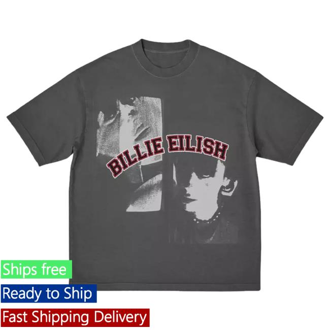 Official Billie Eilish Tours Merch Store Billie Eilish Double Portrait Grey Boyfriend Fit Girls Tees BillieEilish Apparel Clothing Shop Billieeilishtrs