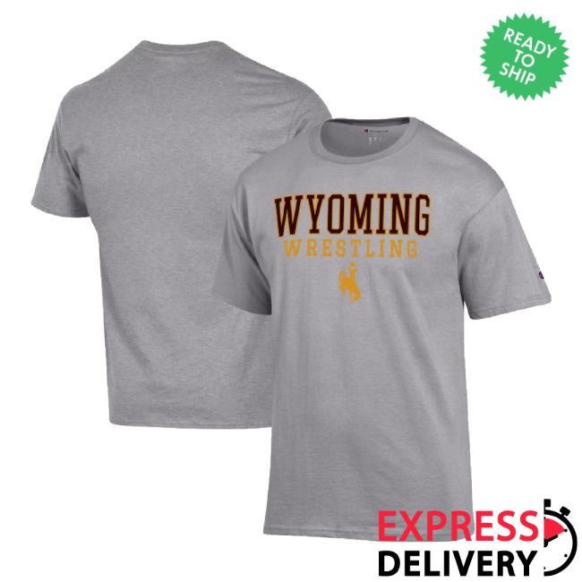 Trending Men's Champion Gray Wyoming Cowboys Wrestling Stack Logo T-Shirt