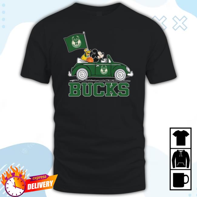 Mickey Mouse And Pluto Driving Car Milwaukee Bucks 2023 Shirts