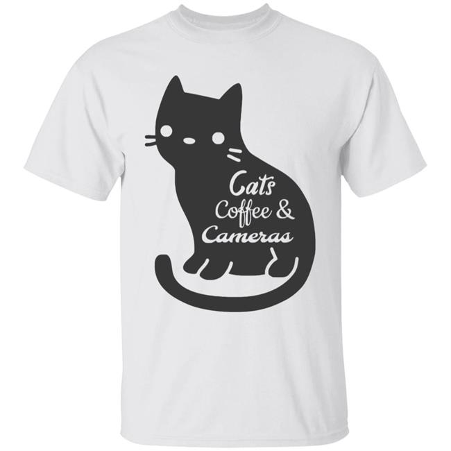 Cat t shirt"Cats Coffee & Cameras" written out in different script fonts with a cute cat icon in the background. white Hoodie, Sweatshirt Plus Size