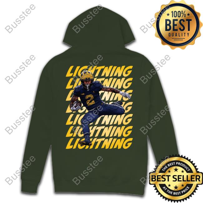 The Mden Merch Valiant University of Michigan Football Blake Corum Lightning Shirt The Mden Merch Valiant University of Michigan Football Blake Corum Lightning Long Sleeve Tee Shirt