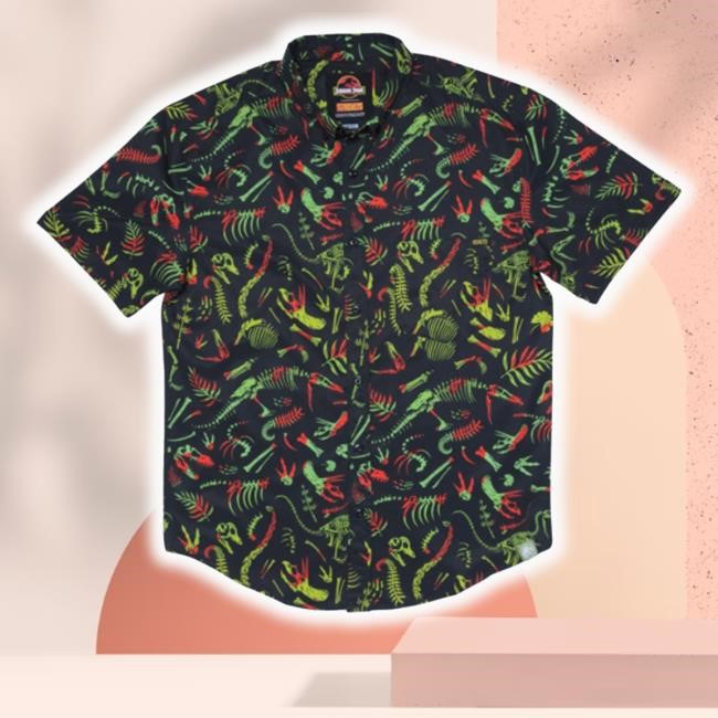 Big Bad Toy Store Jurassic Park Fossil Records Short Sleeve Button Up Hawaiian Classic Shirt