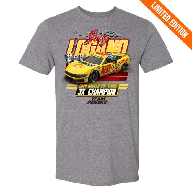 Joey Logano Merch Shop 2024 3X Champ Logano Heather Gray Tee Shirt